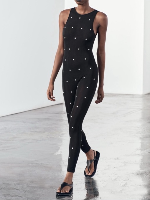 Zara Sheer Mesh Rhinestone Catsuit Jumpsuit Nwt